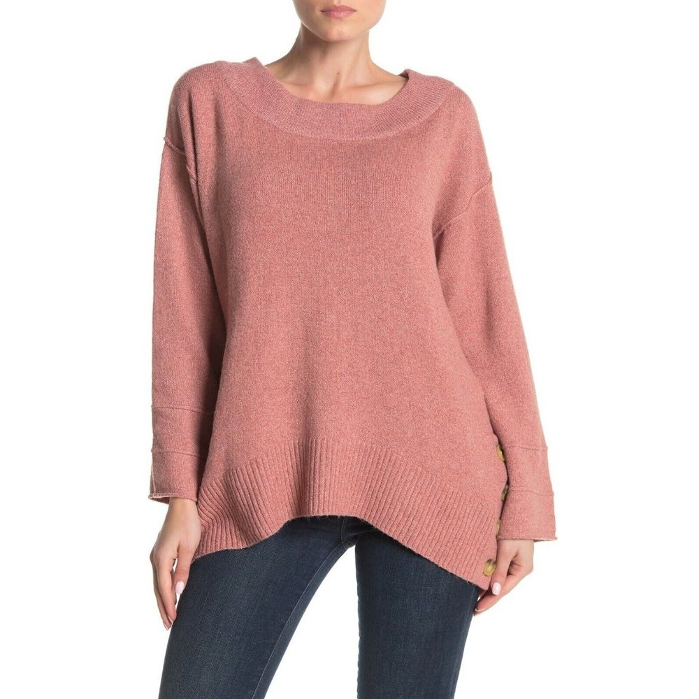 $78 Democracy Sweater Side Button Boatneck Long Sleeves Pink Rose Dust Size M